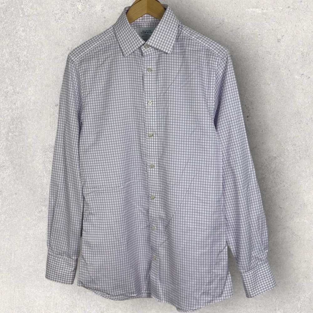Charles Tyrwhitt London Purple White Plaid Button Down Mens Collared Shirt‎ 15.5